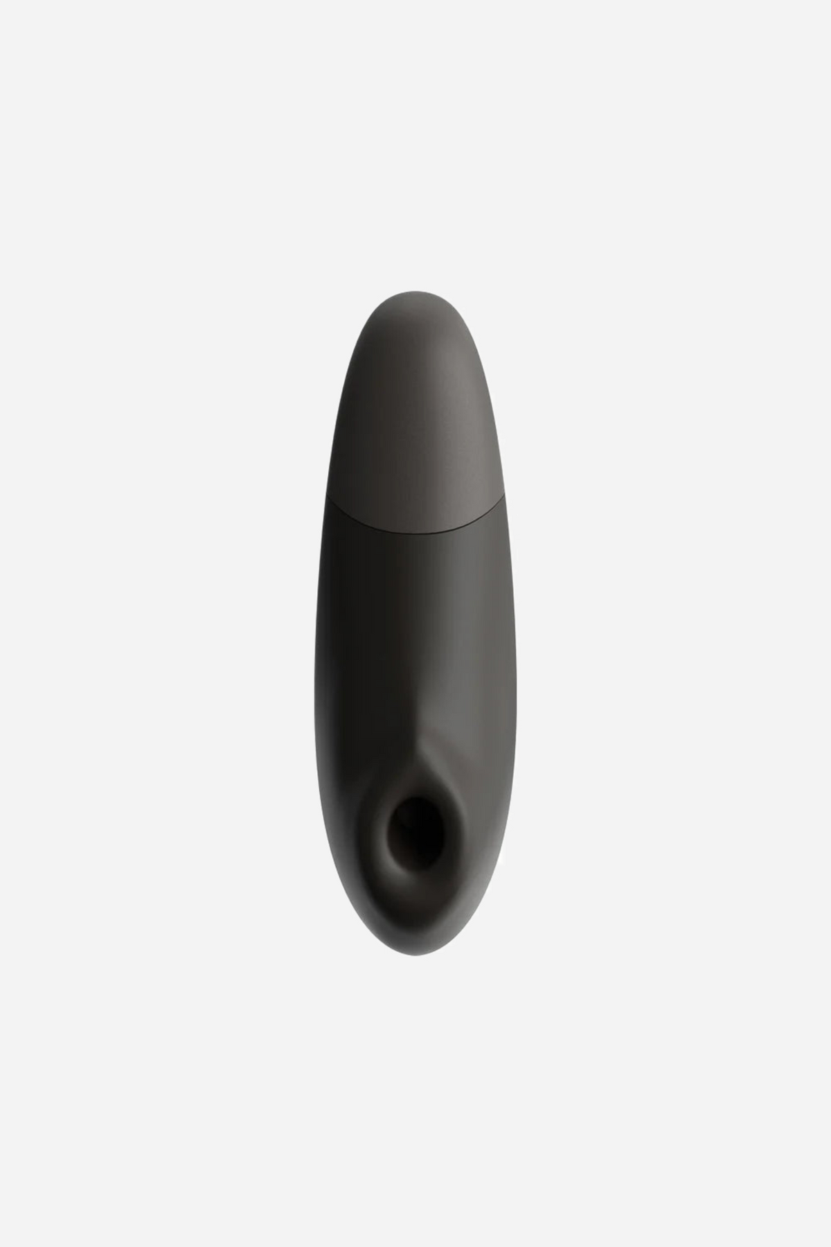 The Womanizer Enhance in black seen from the front, showing the air pulse opening at the tip and the matte two tone silicone finish