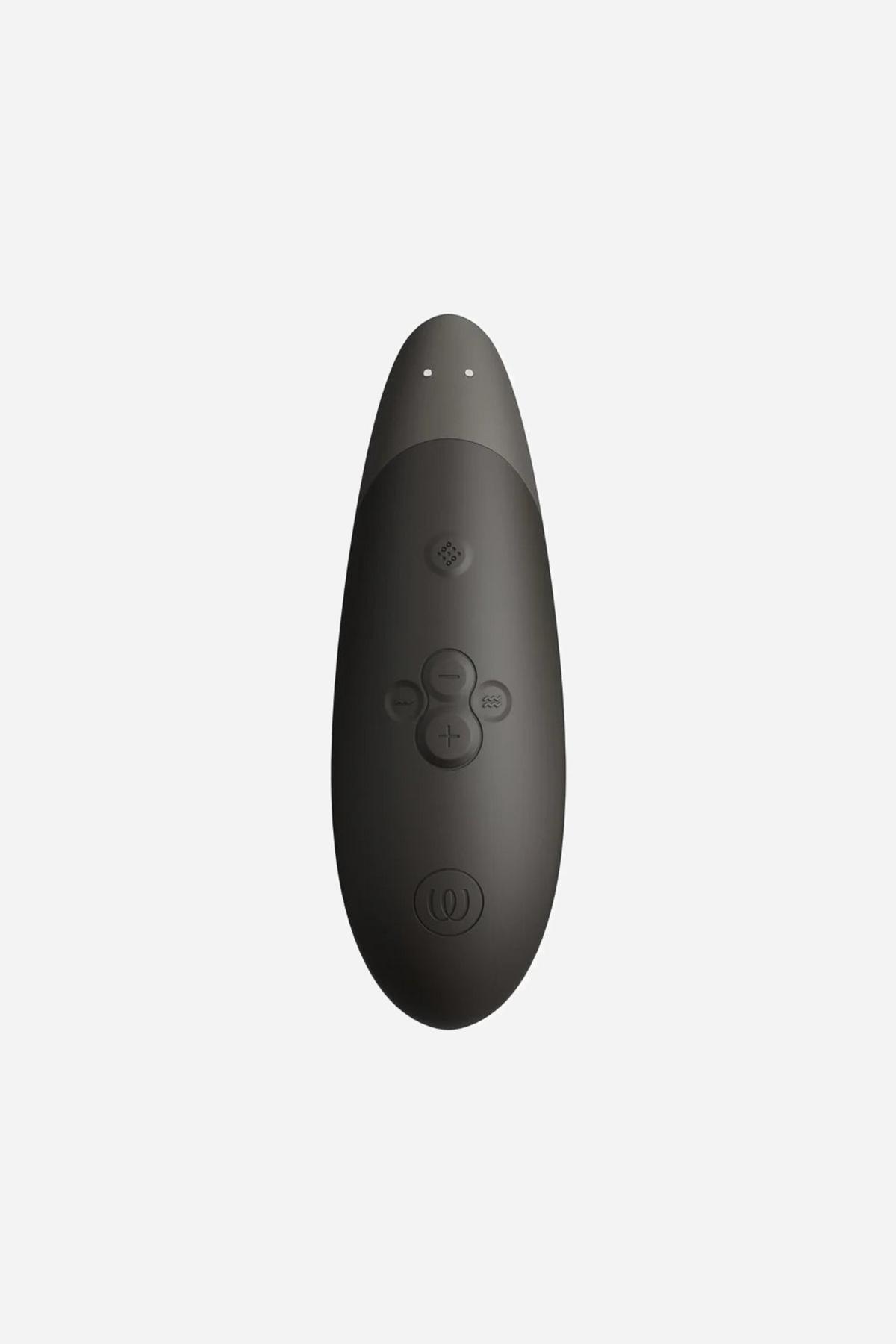 The back of the black Womanizer Enhance, showing the raised control buttons and the Womanizer logo moulded into the soft silicone