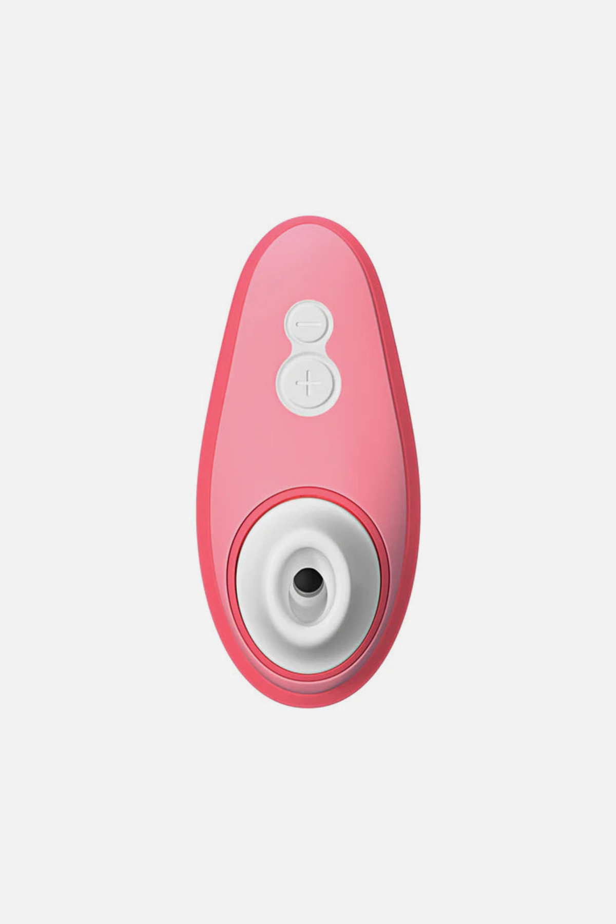 Front view of the vibrant rose Womanizer Liberty 2 with lid open, showing the round air pulse opening and the simple two-button controls