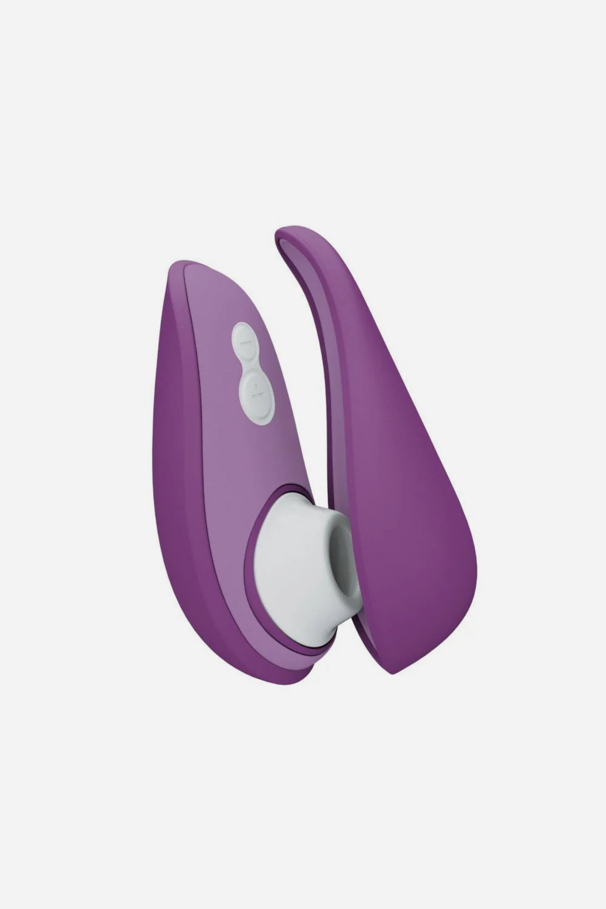 Womanizer Liberty 2 in purple with the lid swung open, revealing the soft silicone air pulse head and the control buttons, on light grey