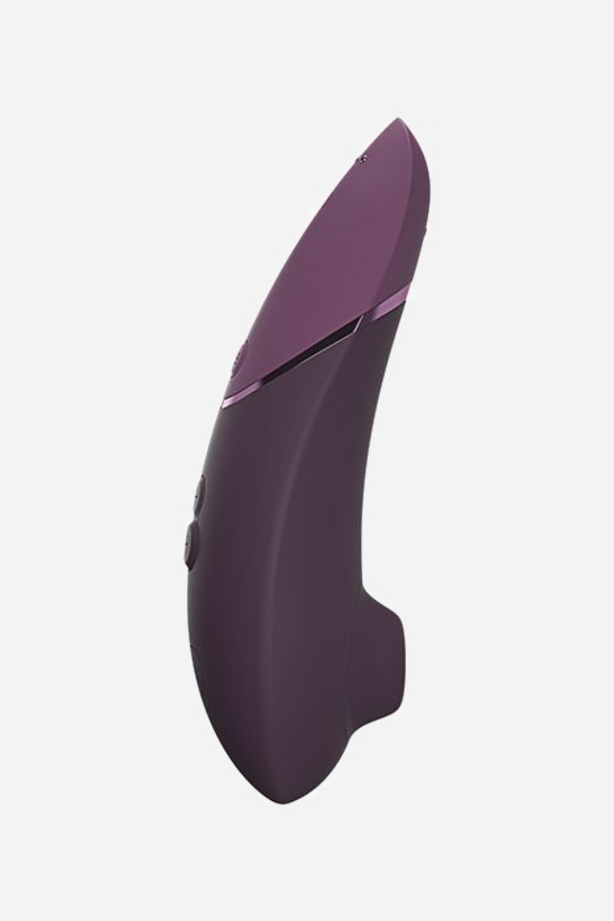 Womanizer Next in dark purple, shown at an angle so the curved body, the metallic band and the recessed air-pulse nozzle are visible.