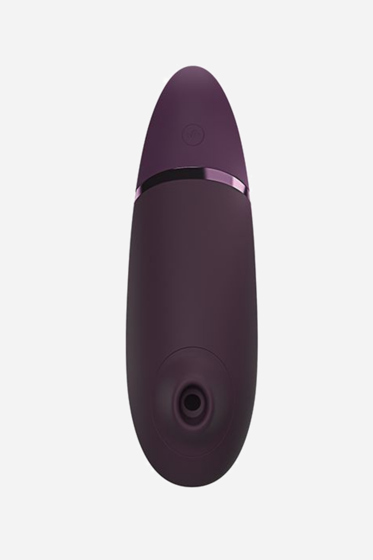 Womanizer Next in dark purple seen flat on, the round air-pulse opening low on the body and the power button above the metal band.
