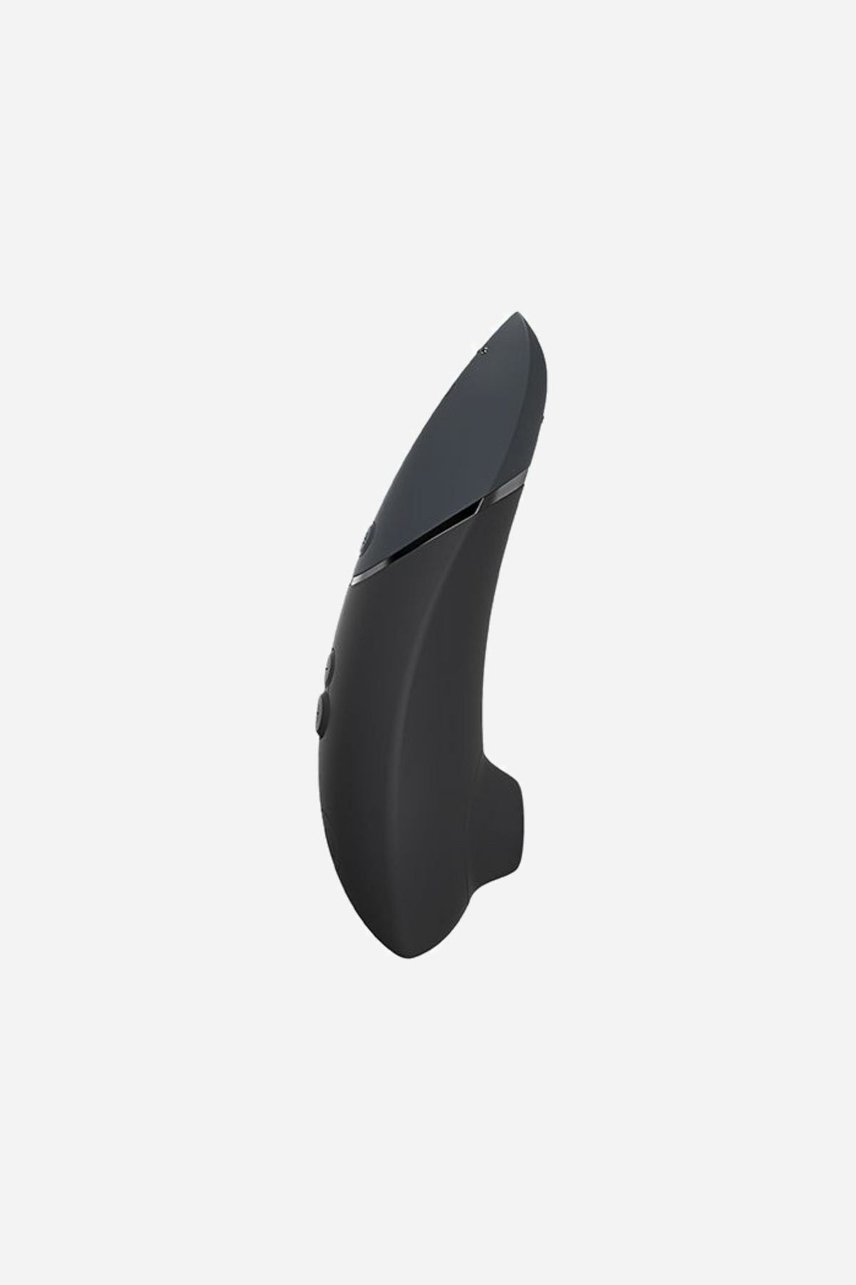 Womanizer Next in black at a three-quarter angle, the matte body and metallic band leading down to the recessed air-pulse nozzle.