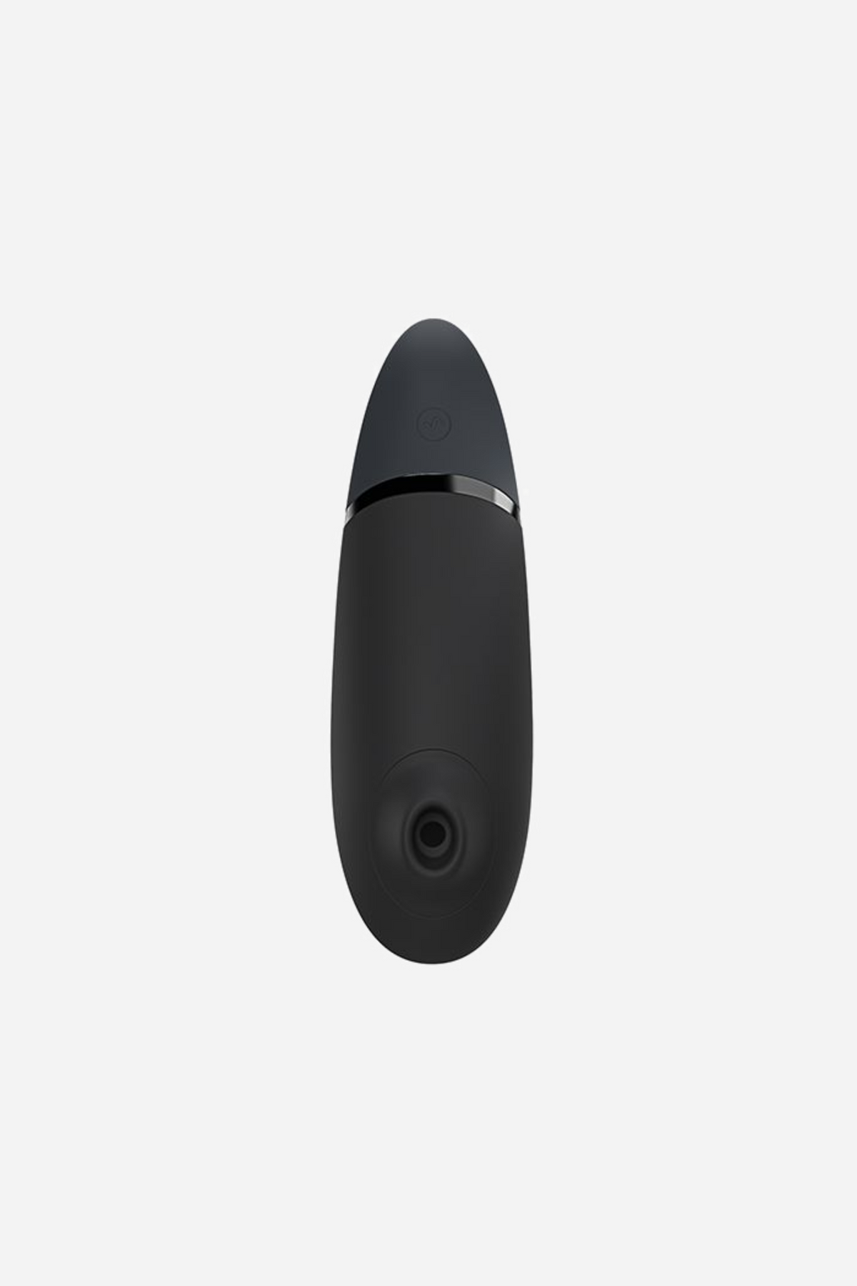 Womanizer Next in black seen flat on, with the circular air-pulse opening set into the lower body below the metallic trim band.