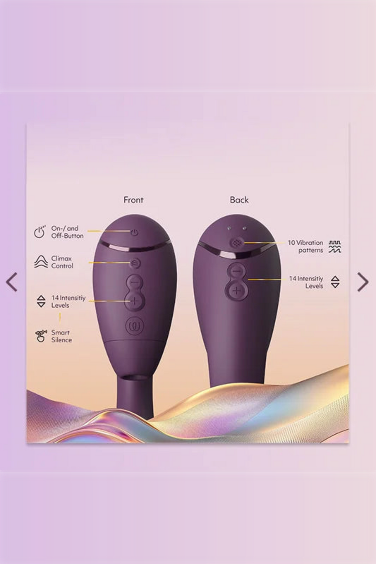 Womanizer Next Duo shown from both sides on a lilac background, with labels pointing out the controls and key features of the rabbit vibe