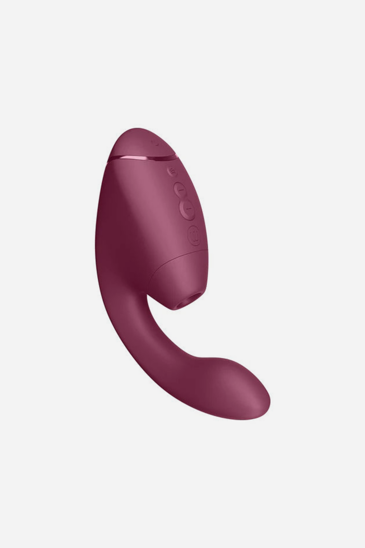 Dusky pink Womanizer Next Duo Air Pulse Rabbit Vibe in profile, highlighting the curved shape of its internal vibrating G-spot arm
