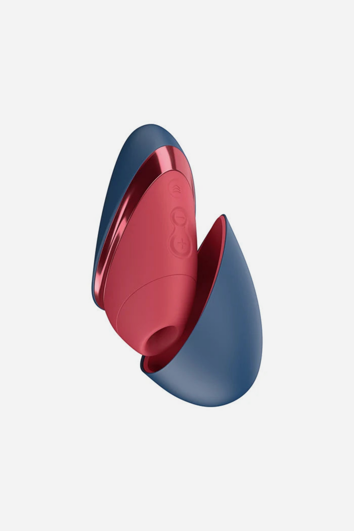 Womanizer Liberty air pulse stimulator in Blue and Red, with the navy magnetic travel lid slid open to reveal the red body and pleasure air nozzle