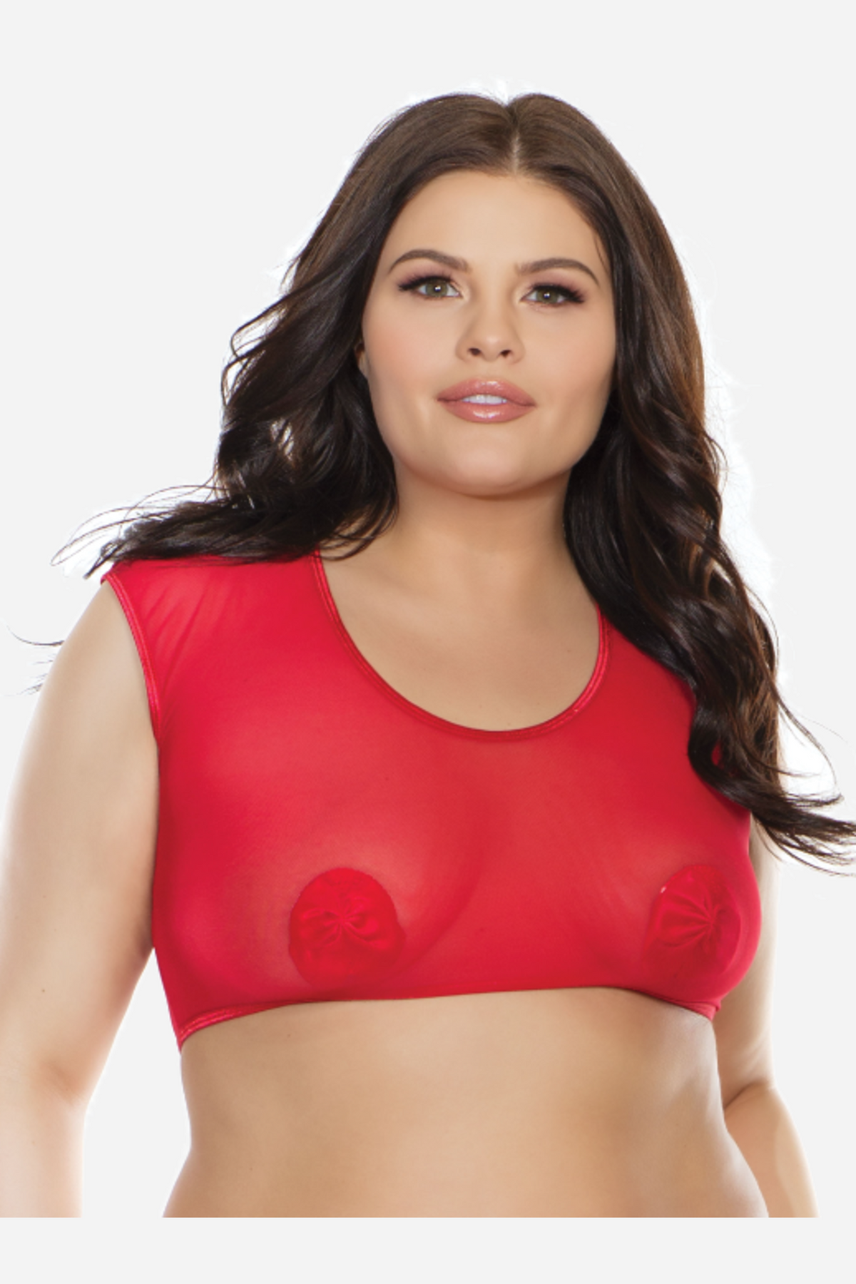Front view of the red sheer mesh crop top on a plus-size model, showing its scoop neck and cap sleeves