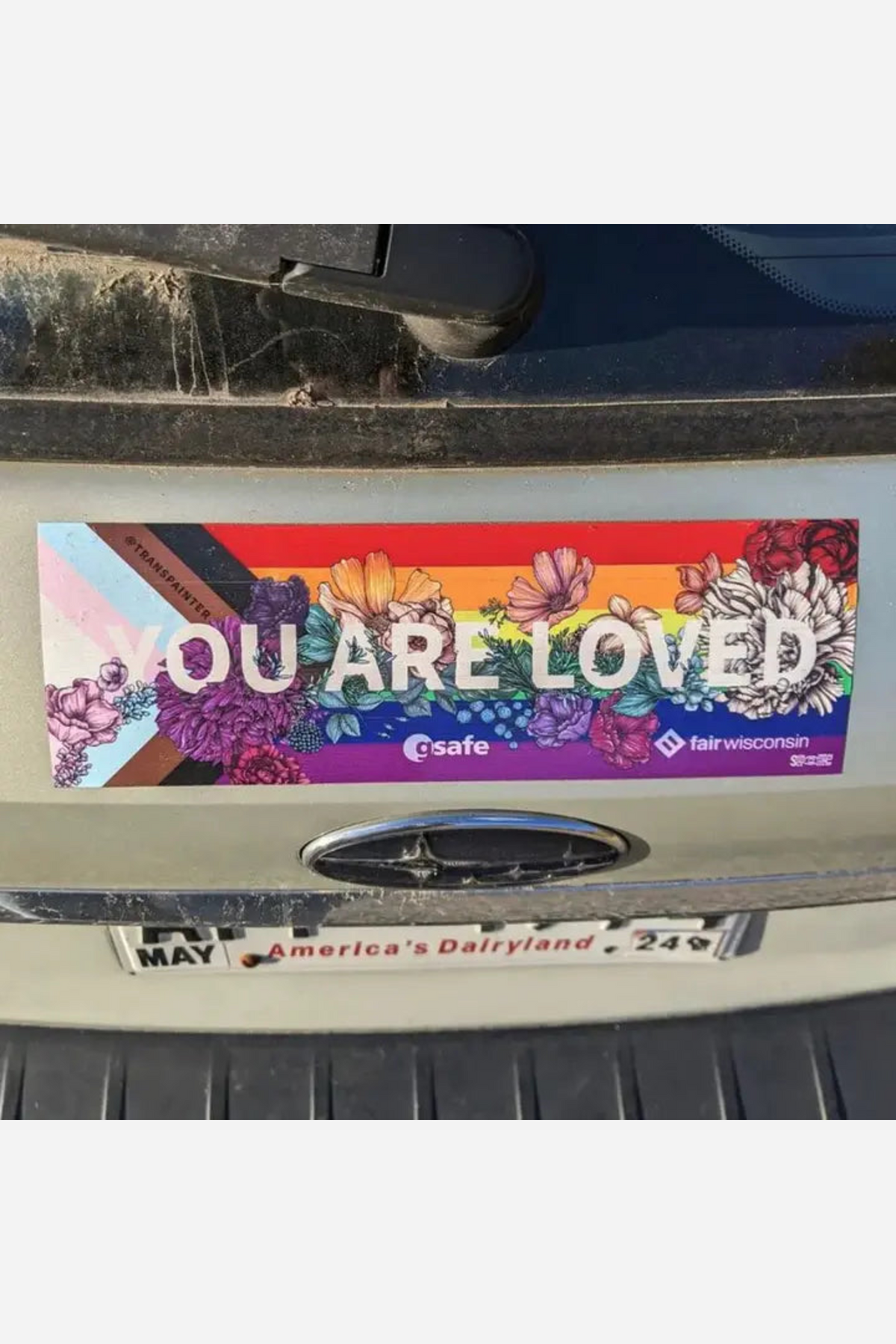 The You Are Loved Pride sticker applied across the back of a car just above the licence plate, its rainbow stripes bright in daylight.