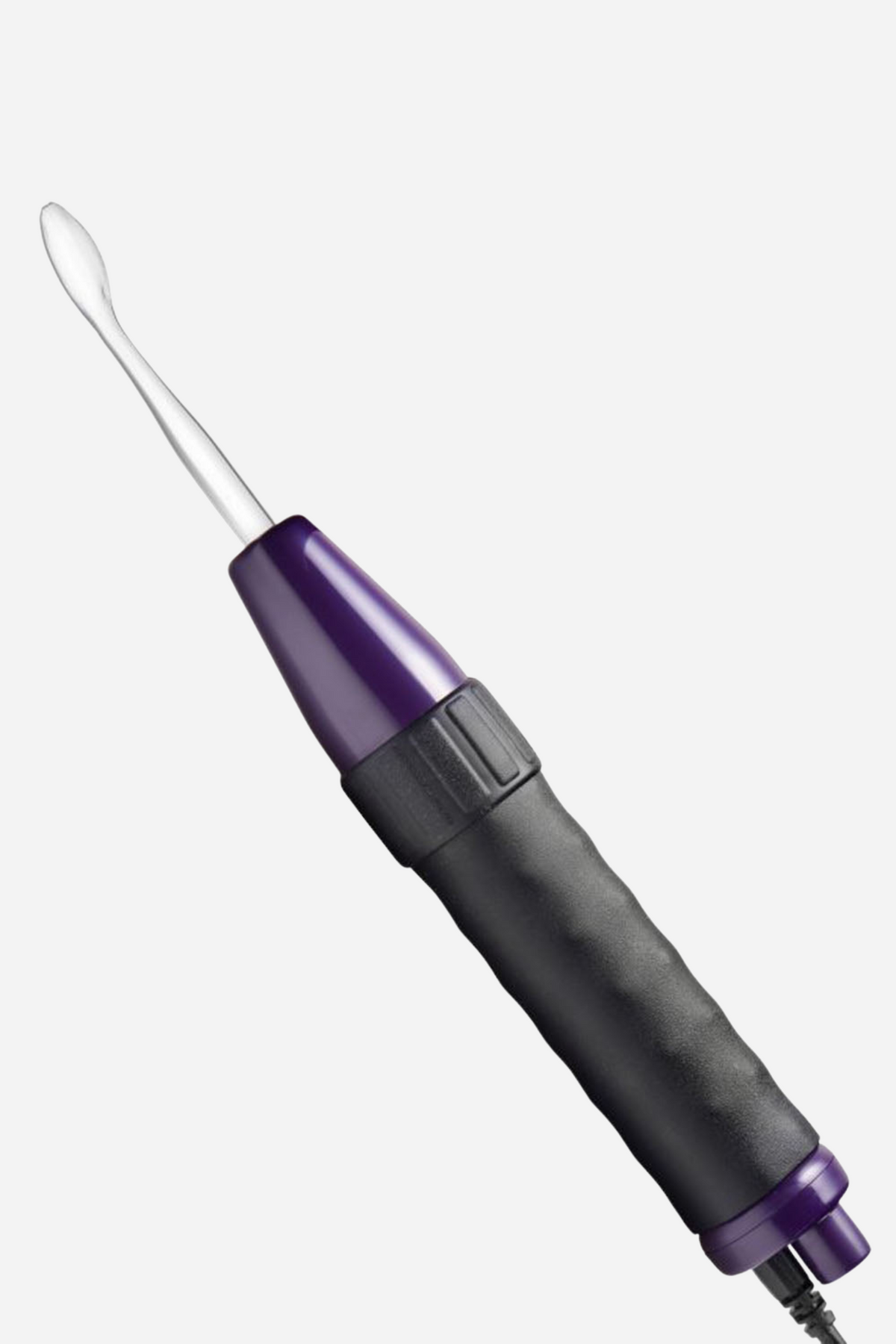 The violet wand handle set at an angle, purple metal collar over a ribbed black grip, with a clear glass loop electrode fitted at the top.