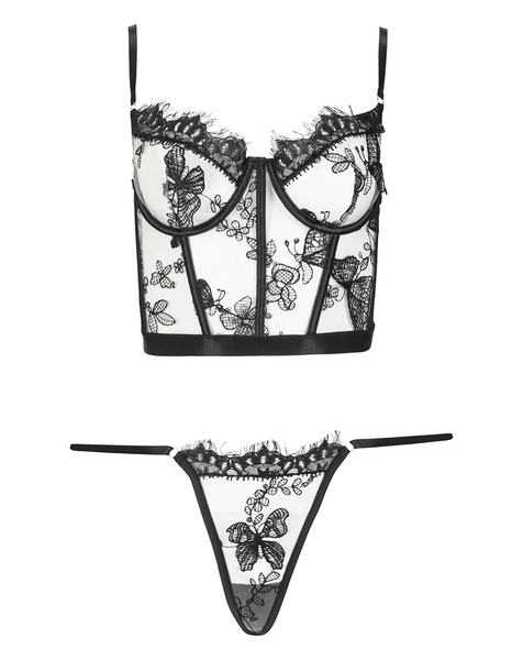 3d embroidered butterfly bustier and matching g-string on white background