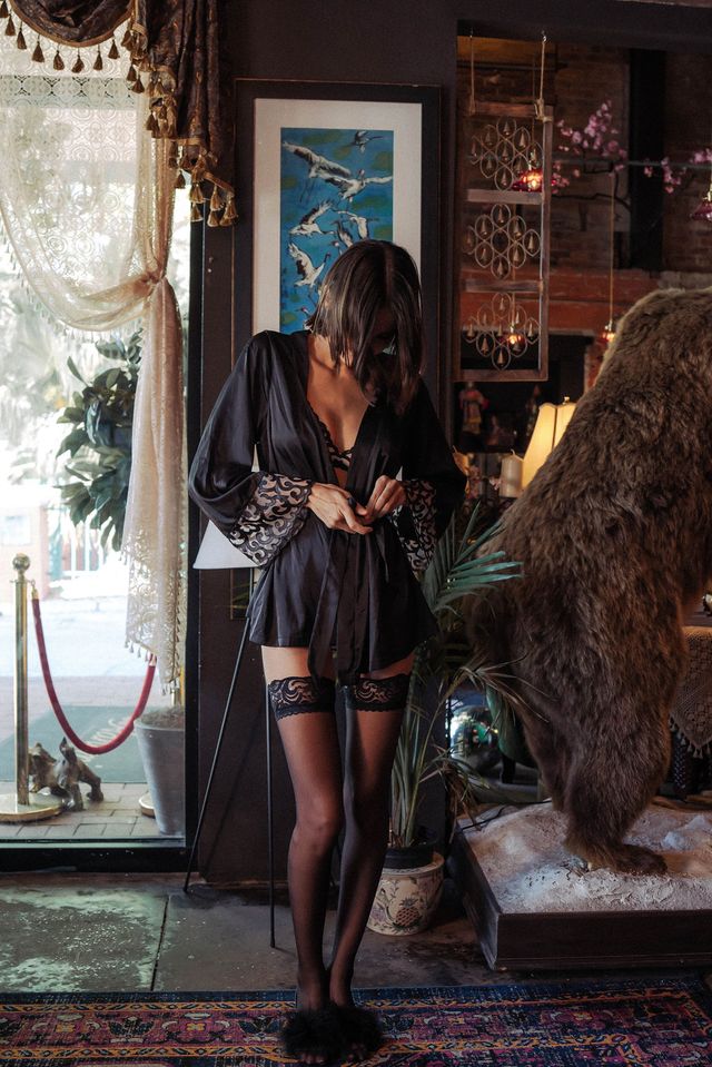 Kilo Brava Faux Leather Embroidery & Satin Short Robe