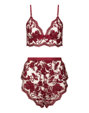 hand rendered embroidery longline bralette and matching tapshorts on white background
