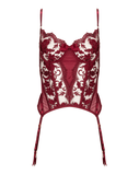 front view of the gorgeous floral in red on the underwired Kilo Brava Embroidery Merrywidow in Ruby Wine