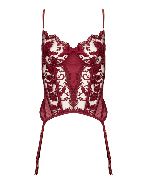 front view of the gorgeous floral in red on the underwired Kilo Brava Embroidery Merrywidow in Ruby Wine