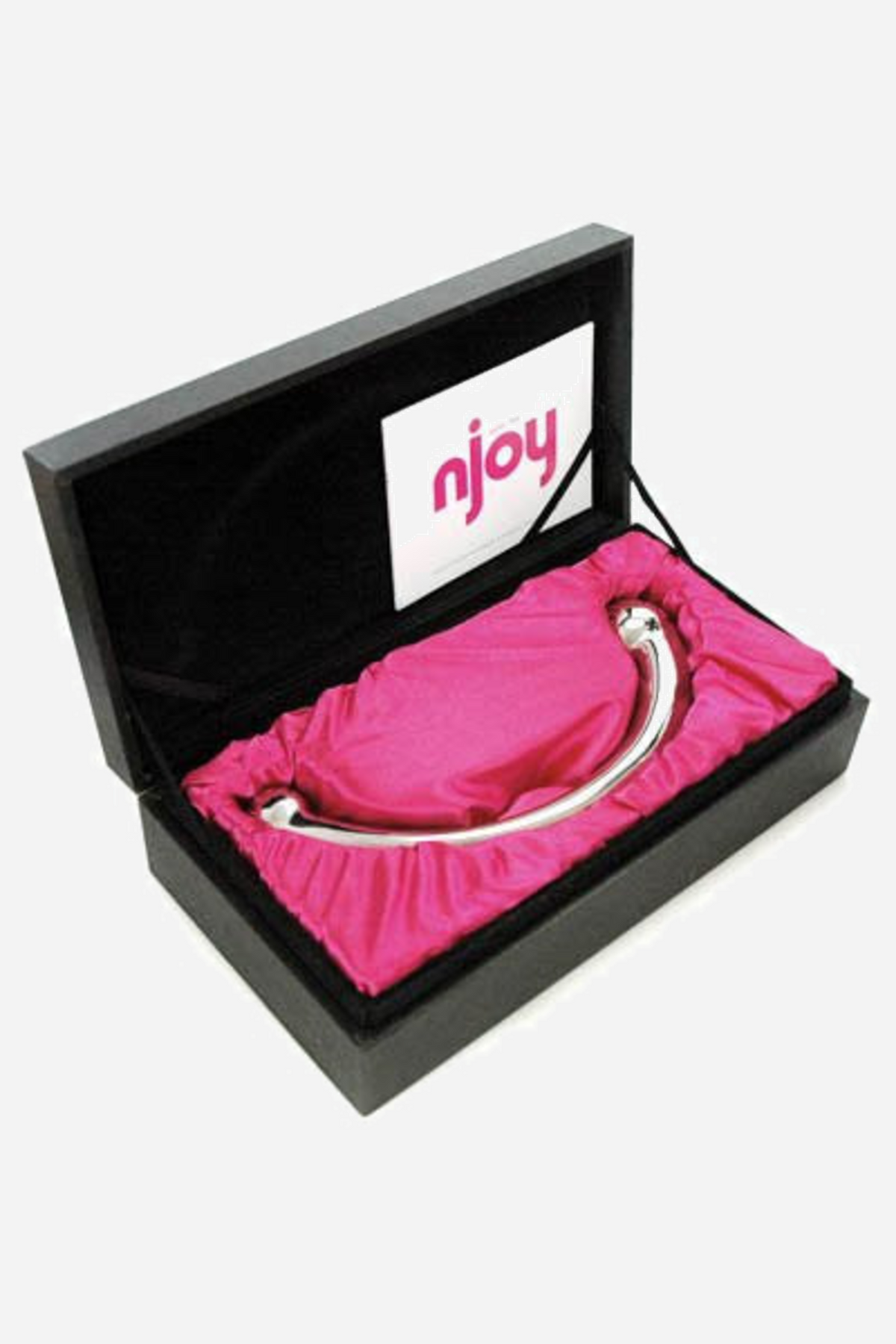 The Pure Wand resting in its black presentation case, lying on bright pink pleated satin beneath the njoy logo inside the open lid
