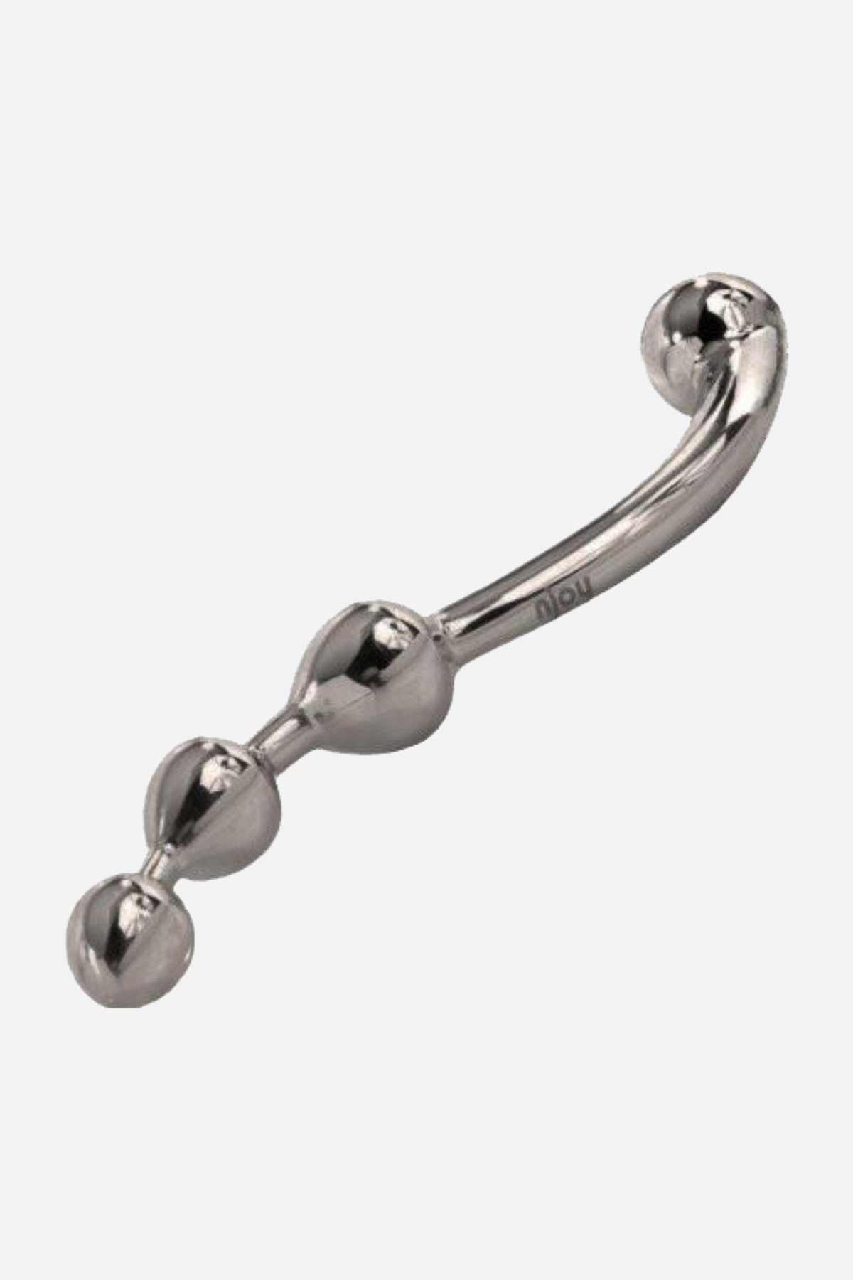 A curved stainless steel wand with a single smooth ball at one end and three graduated balls at the other, on a plain grey backdrop.