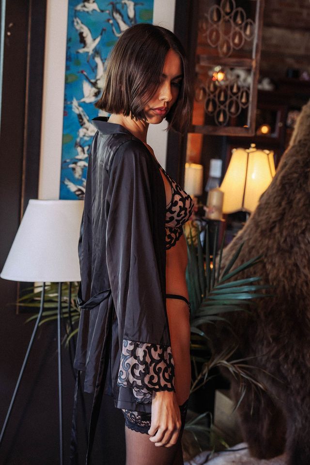 Kilo Brava Faux Leather Embroidery & Satin Short Robe