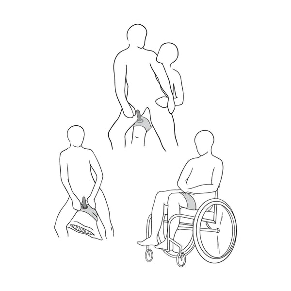 line drawings show different ways to use the thigh harness. one shows a person wrapping it around a pillow for solo play. another shows a person in a wheelchair wearing it