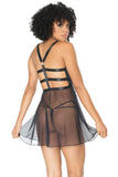 Size small black model wears a long skirted babydoll. she is turned away from the camera to show off the adjustable strappy back.