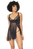 Size small black model wears a black mesh babydoll with v-neckline and a long mesh skirt.