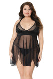 plus size white model wears a black mesh babydoll with v-neckline and a long mesh skirt. 