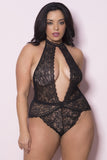 White Model wearing “queen size” wears a black all-over lace teddy with a collar halter top, keyhole plunge neckline, and high cut hips