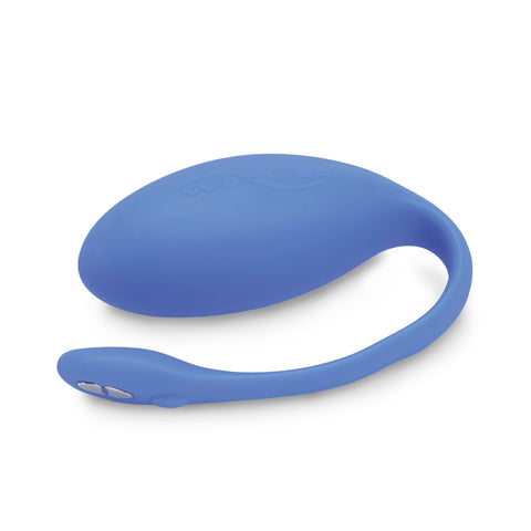 side view of Egg shaped hands-free wearable vibrator with tail for Bluetooth connectivity, in periwinkle blue