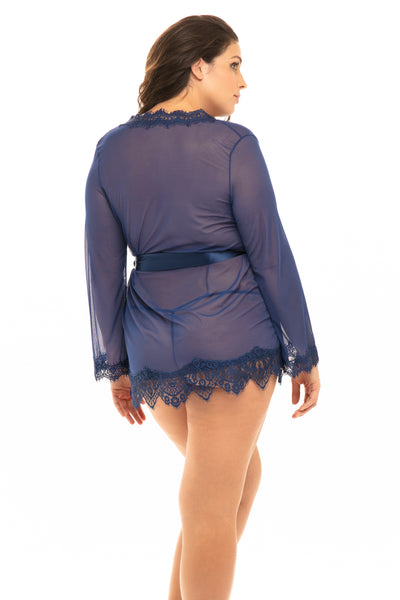 Our Next Chapter Mesh & Lace Robe In Estate Blue