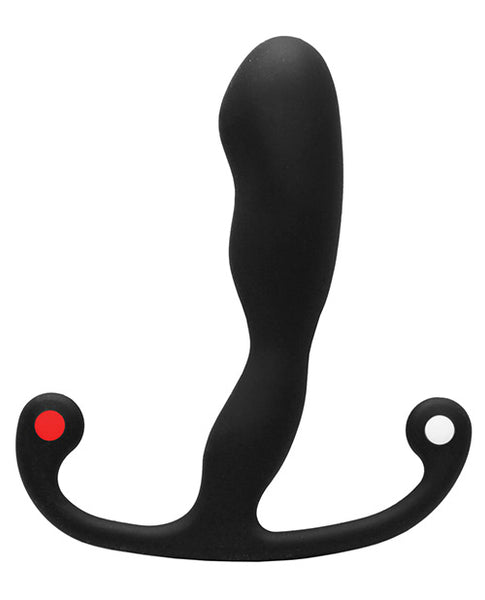 black silicone prostate plug, girthiest point is at the head, with two smaller ridges underneath. It has fallopian tube shaped base with a red dot on one side and a white dot on the other
