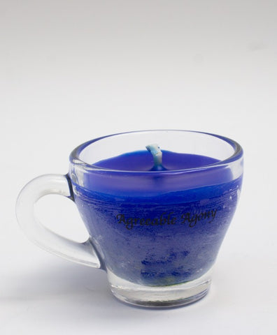 espresso size mini glass cup with blue wax for kinky wax play