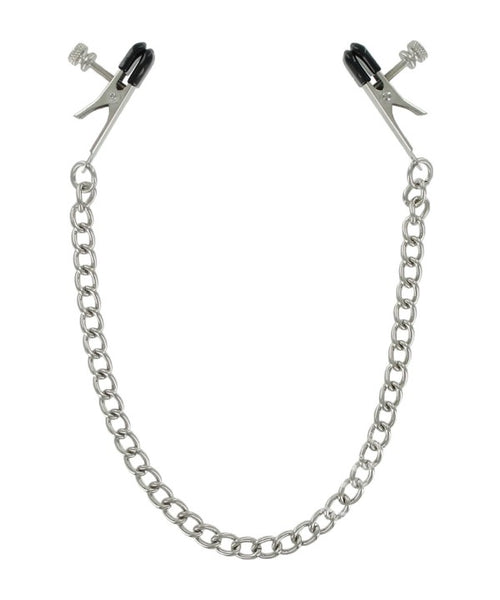 nipple clamps with adjustable bullnose style clamp with black rubber tips are connected by a 14" silver chain