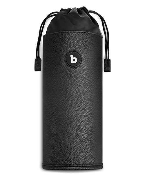 a black pouch about 12" tall with a drawstring opening at the top, the bottom 10" are leather-look fabric wrapped around a cylindrical pouch. A button with a lowercase white letter "b" is on the top third of the pouch