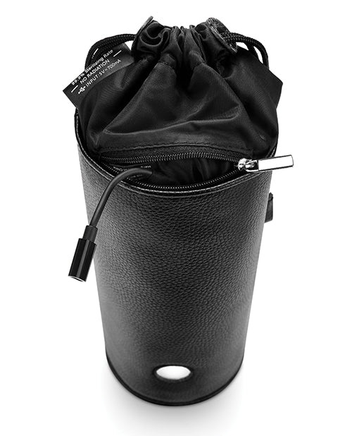 The product shows the drawstring top of the pouch with a zipper and a USB compatible cord coming out of the zippered pocket.