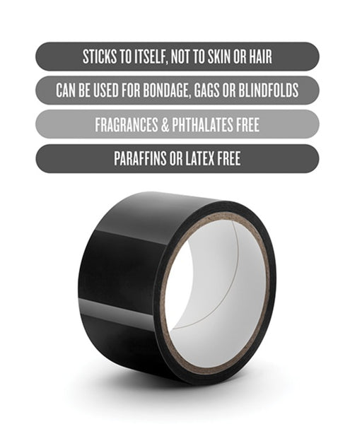 roll of black bondage tape with specs above that read: sticks to self not skin; can be used for bondage, gags, or blindfolds, fragrance free, paraffin and latex free