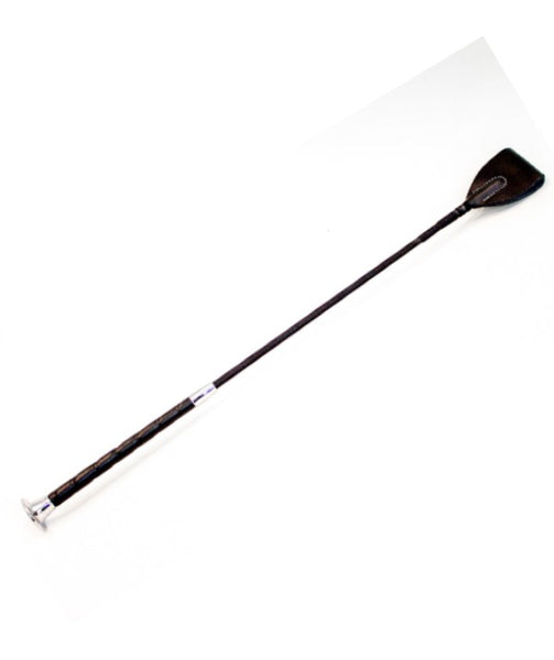  black leather bdsm crop with wrapped-look fiberglass handle and triangular leather tip; crop has chrome-painted plastic cap detail at base 
