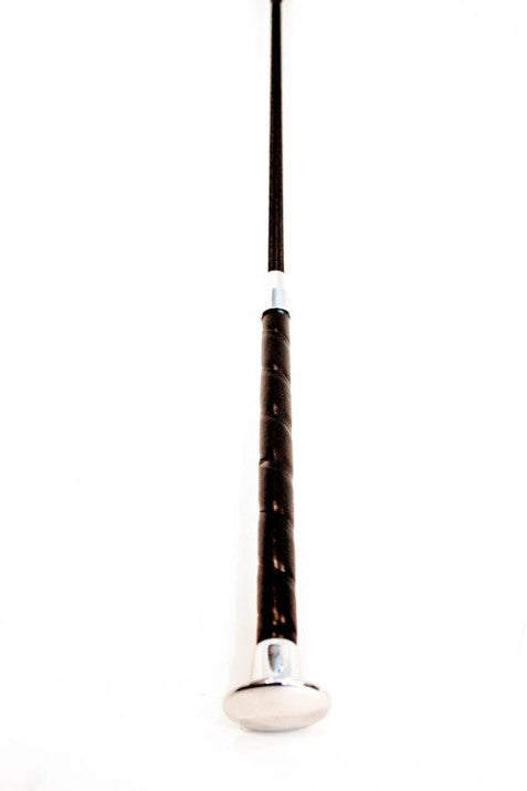  black leather bdsm crop closeup to with wrapped-look fiberglass handle and chrome-painted plastic cap detail at handle