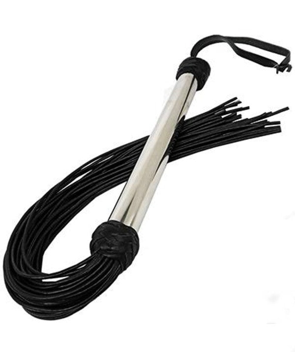  black leather bdsm flogger with 20” stingy leather falls and a 10” metal handle. 