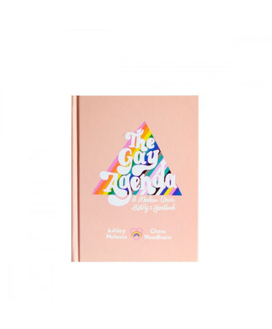 peach colored background with a triangle filled with pride stripes. In bubble font in white it says "the gay agenda" a modern queer history & handbook