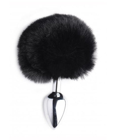 round black faux fur bunny tail with small stainless anal plug attached for kinky roleplay
