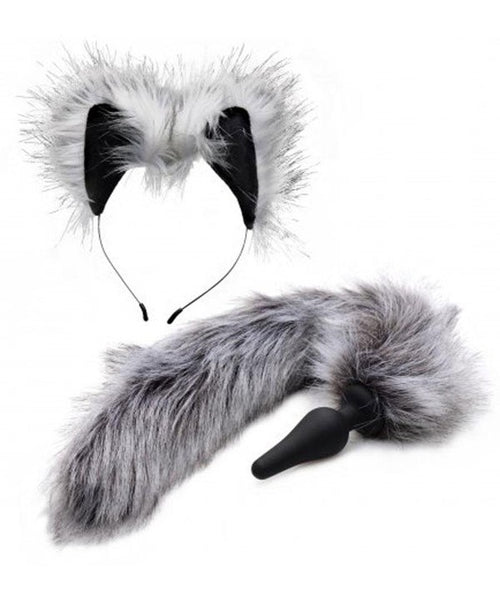 faux fur pet play headband with ears and matching grey tail with silicone buttplug