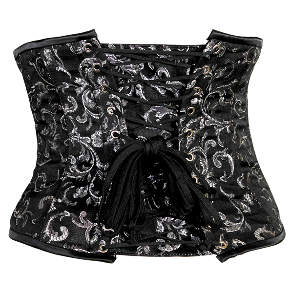 Alluring Underbust Corset in Black and Silver Brocade