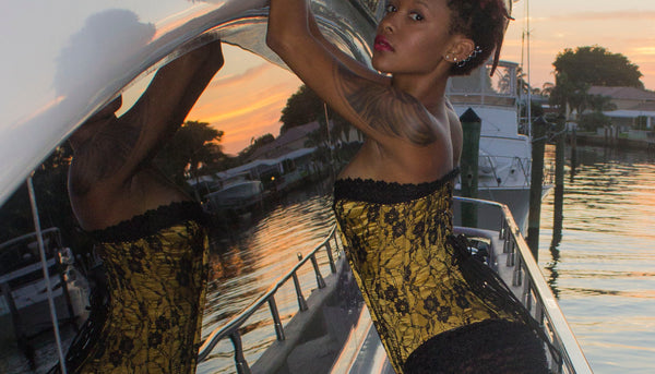 Aurora Lace Overlay Corset in Gold