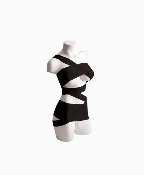 mannequin with black bondage tape wrapped across the bodice
