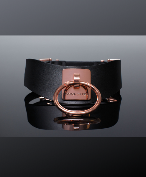 two inch thick vegan leather look collar with bold rose gold hardware including a square plate with a 2in o-ring affixed to the front.