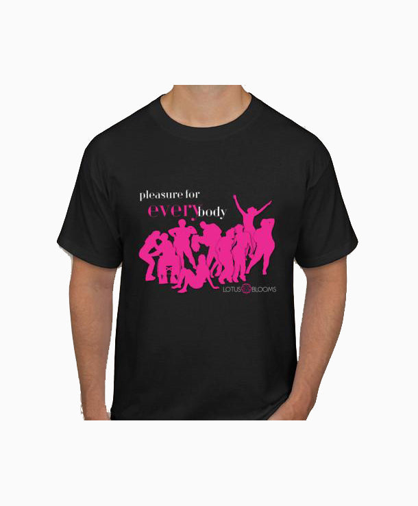 Front of the black Pleasure For Every Body fundraising T-shirt with pink silhouettes of diverse bodies and the Lotus Blooms logo