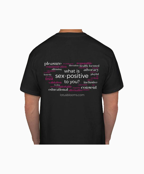 Back of the black Lotus Blooms fundraising T-shirt printed with what is sex-positive to you? and a white and pink word cloud