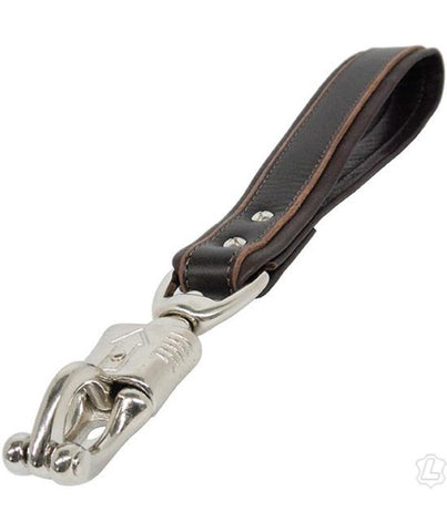 10" sturdy leather looped handle attached to a metal panic snap for a sleek BDSM training leash