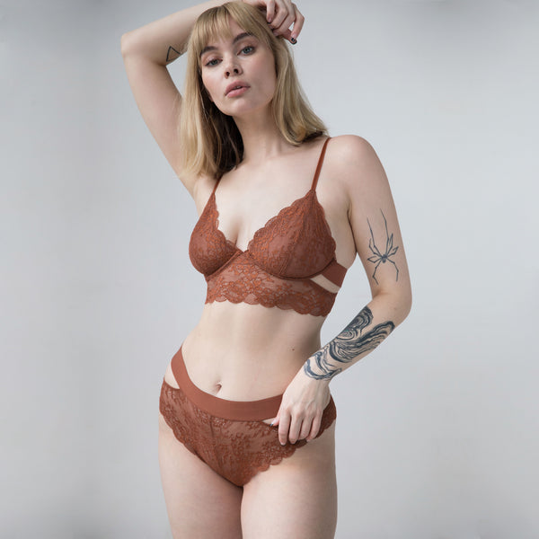 Monique Morin Wild Lace Long Line Bra in Salted Caramel- XL