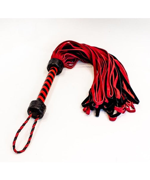 black and red falls with looped ends provide a thuddy BDSM flogger sensation, red and black woven leather handle with wrist strap
